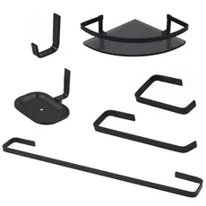 Kit Acessórios Banheiro Quadrado Preto 5 Peças + Porta Shampoo Barra Chata Canto Vidro Fumê