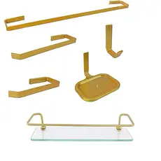 Kit Banheiro 5 Peças Quadrado Dourado + Porta Shampoo Reto Dourado Vidro Incolor