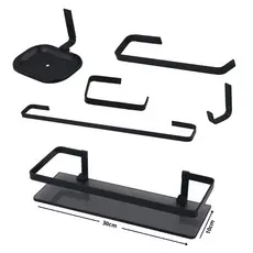 Kit Banheiro quadrado 5 Peças Preto Fosco + Porta Shampoo Reto quadrado Vidro Fumê | Design Quadrado Moderno