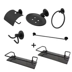Kit Stander Preto 5 Peças + 2 Porta Shampoo Reto Vidro Fumê