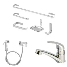 Kit Banheiro 5 Peças Quadrado Cromado + Torneira Lavatório Mono Up ABS Cromada + Kit Ducha Higiênica Bidê