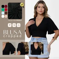 Blusa Cropped Feminino Decote V Manga Ampla Morcego Curta Malha Premium P ao G