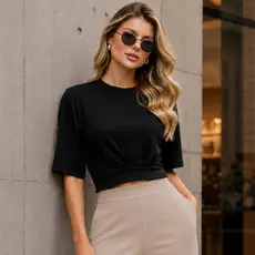 Blusa Feminina Cropped Manga Curta Morcego Gola Redonda Lisa Malha Premium M, G, GG