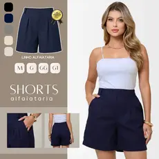 Shorts Bermuda Feminina Alfaiataria Linho Premium Cintura Alta Cós Elástico Com Bolso Social M ao G1