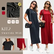 Kit 2 Vestido Midi Feminino Casual Soltinho com Bolso Manga Curta e Fenda Lateral M, G, GG