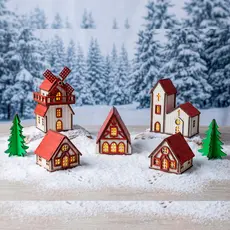 Kit Vila Natalina 7 peças  Madeira Decoração Casa pintada nas cores Vermelha, Rosa ou Dourada