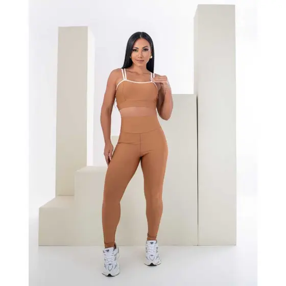 Conjunto Fitness Feminino Top Alça Dupla + Legging Cintura Alta com Bolso | Caramelo