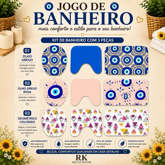 Kit Jogo de Tapete Banheiro 3 Peças – Premium Antiderrapante, Absorvente e Estampas Variadas