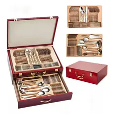 Faqueiro Inox 84 Peças Talheres Banhado Ouro Maleta Madeira Luxuoso Modelos de Filme