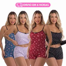Kit 5 Baby Dool Short Dool Pijama Sem Bojo Microfibra Dormir Noite Conforto Estampas Variadas Mulher Roupa de Dormir