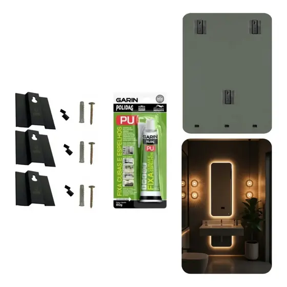 3un Suporte invisível Para Espelho + Cola Parafusos e buchas Pendurar Quadros Placas kit completo