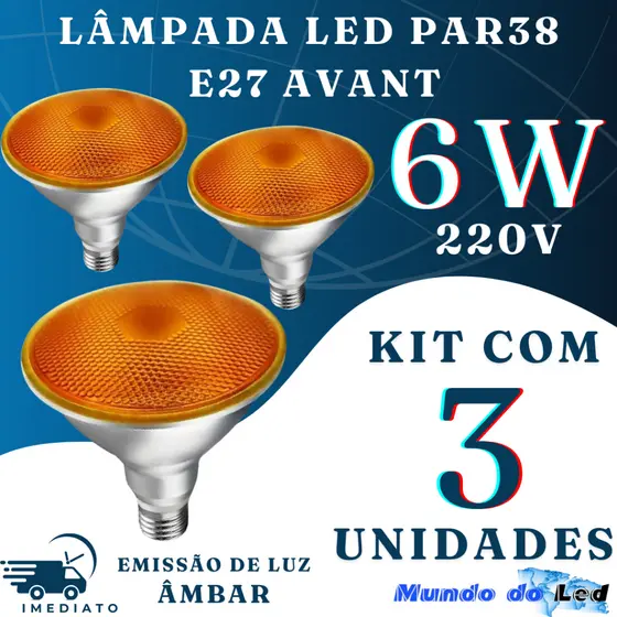 Kit 3 Lâmpadas Led Par38 E27 Cor Ambar 6w 220v Avant