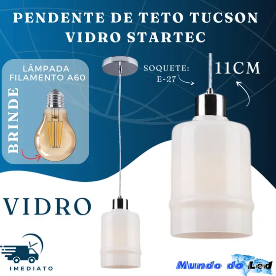 Pendente Luminária de Teto Tucson Vidro Bocal E27 Bancada Quarto e Sala Startec