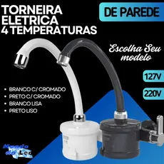 Torneira Elétrica Para Cozinha 4T Plus Branca  Preta Cromado 127V 220V Bivolts 4800W 5500W Enerbras