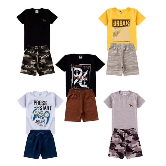 kit 10 peças de roupas são 5 conjuntos masculino infantil verão bermuda e camisa tamanhos 1 ao 16