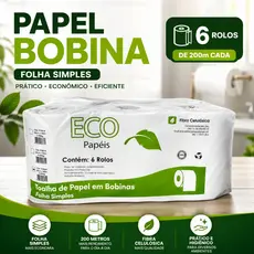 Papel Bobina 200m Folha Simples Branco ECO Papéis 6 Rolos