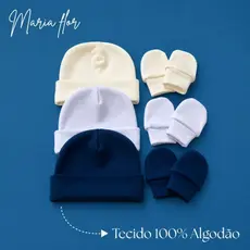 Luvinha + Touquinha kit 6 peças bebê RN - Cor Offwhite, Branca e azul Marinho.