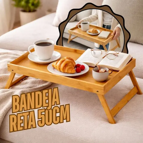 Bandeja de Bambu Café Da Manha Na Cama Em Bambu Pés Dobraveis 50x30cm Marca Kururuá