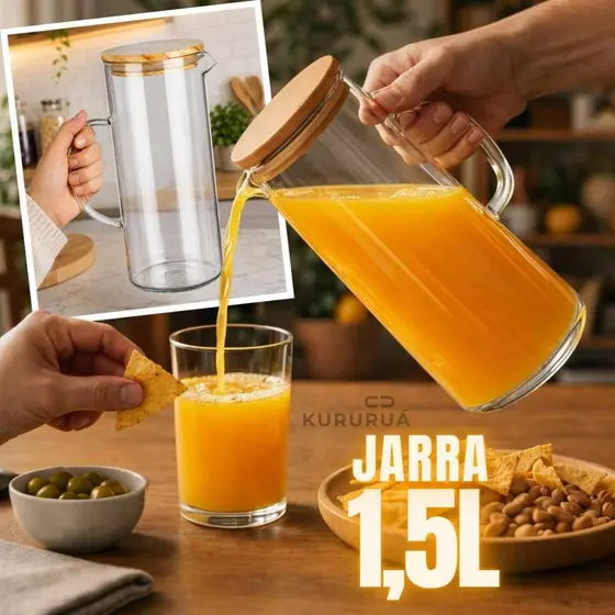 Jarra De Vidro Tampa Hérmetica Com Vedação Inox 1,5L Suco Chá