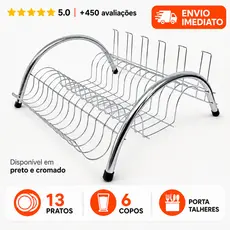 Escorredor de Louça Cromado e Preto 13 Pratos e 6 Copos + Talheres Cozinha Organizada - Madefer Inox
