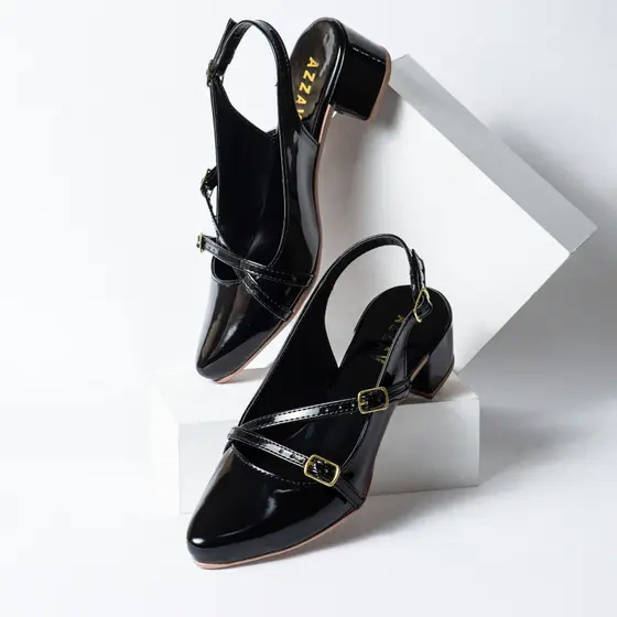 Sapato Scarpin Feminino Verniz Bico Fino Slingback Salto Baixo Azzav