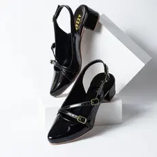 Sapato Scarpin Feminino Verniz Bico Fino Slingback Salto Baixo Azzav