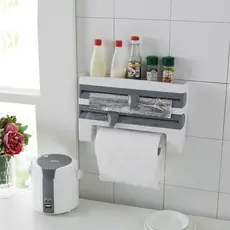 Dispenser 4 em 1 Cortador Papel Filme Aluminio Porta Papel Toalha Tempero Organizador de Cozinha