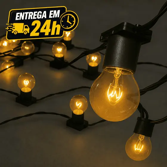 Varal de luzes para área externa até 25m + 25 LÂMPADAS INCANDESCENTES INCLUSAS! 15w 127V e 220V