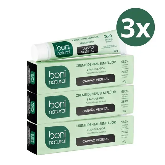 Kit 3 Creme Dental Boni Natural Menta e Carvão Vegetal - Sem Flúor 90g