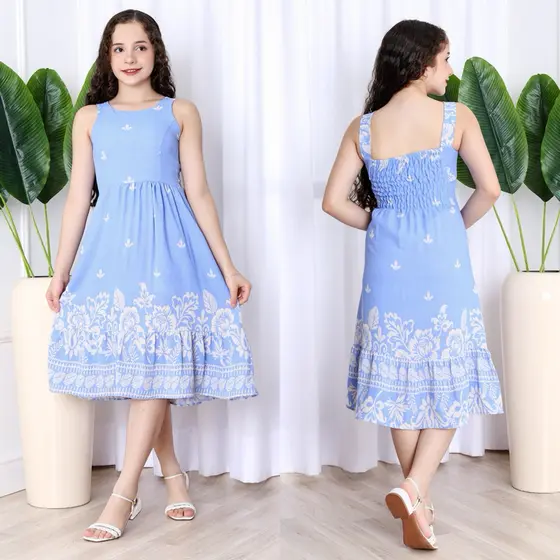 Vestido Midi Juvenil Feminino Casual – Estampa Barrada Floral – Tecido Duna Leve para Festa