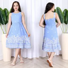 Vestido Midi Juvenil Feminino Casual – Estampa Barrada Floral – Tecido Duna Leve para Festa