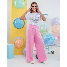 Conjunto Infantil Hello Kitty Camiseta + Calça Wide Leg Feminina Tamanhos 6 a 16 – Rosa/Preto/Vermelho
