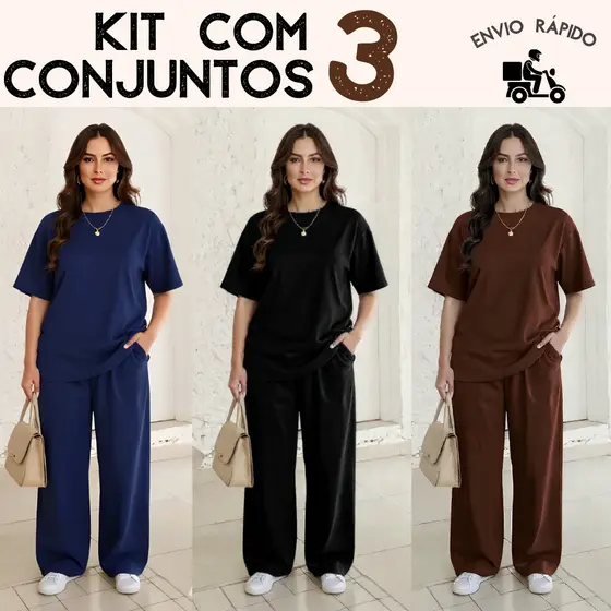 Kit com 3 conjunto Camiseta feminina modelo over e Calça pantalona.