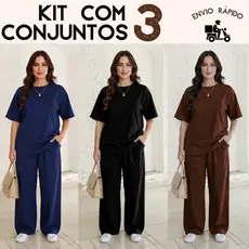 Kit com 3 conjunto Camiseta feminina modelo over e Calça pantalona.