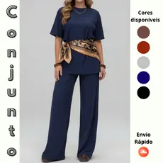 Conjunto Feminino Calça Pantalona com Blusa feminina Manga Curta