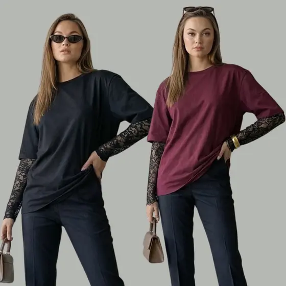Kit com 2 Blusas Feminina com Manga de Renda Estilosa Oversized