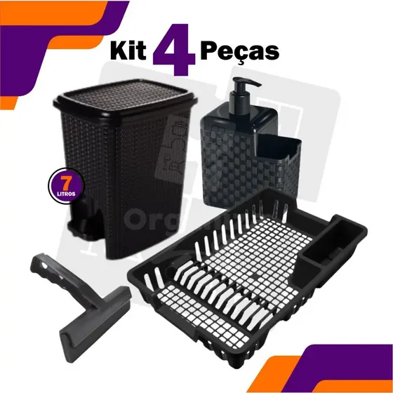 Kit Lixeira 7 Litros + Porta Detergente + Rodinho de Pia + Escorredor Louça