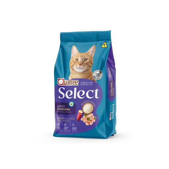 Ração Para Gatos Castrados 3KG Alimento Quatree Select Adulto Sabor Frango Arroz Batata Doce