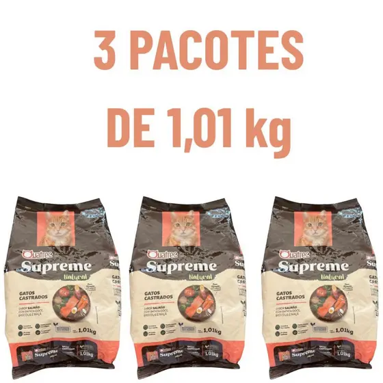 Kit Ração 1kg 1, 2, 3 Pacotes Ração Quatree Supreme Para Gatos Castrados Salmão e batata doce