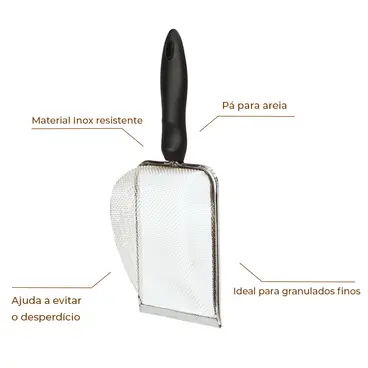 Pá Higiênica Limpeza de Areia Para Gatos de Aço Inox Metal Peneira Coletora