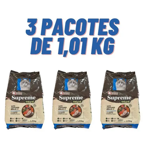 Kit Ração 1kg  2 ou 3 Pacotes Ração Quatree Supreme Para Gatos Idosos Castrados Salmão e Frango