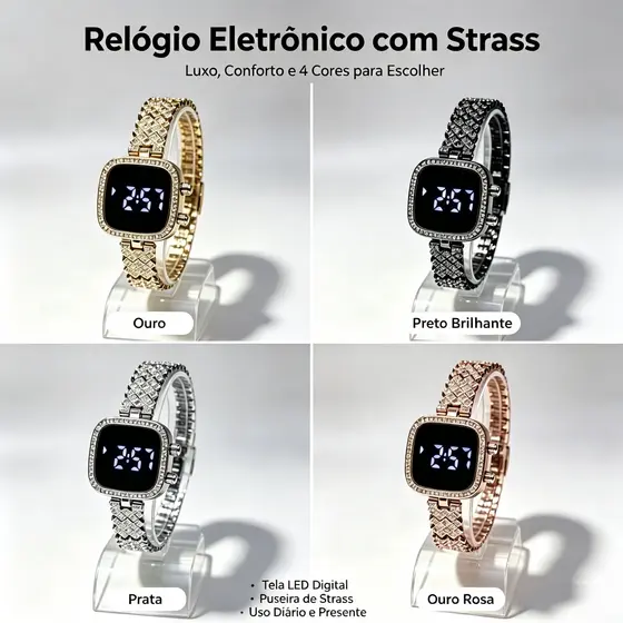 Relógio Feminino de Aço Inoxidável com LED Diamante para Elegância e Sofisticação R01