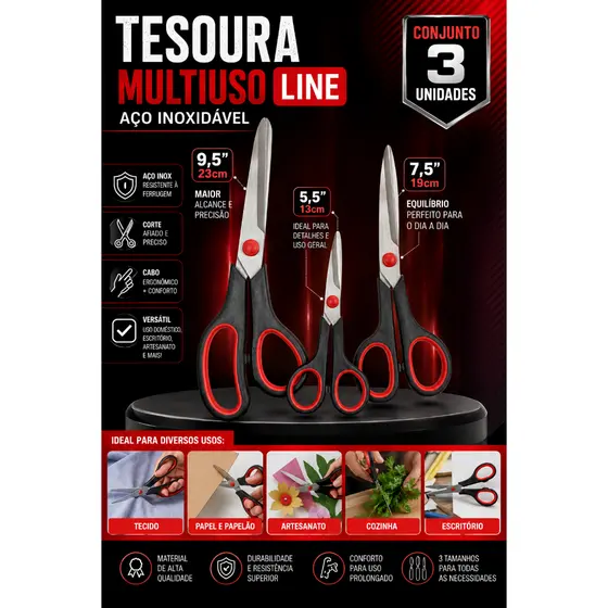 Tesoura Multiuso Line Aço Inoxidável P/V Conjunto 3 Unidades - Original Line