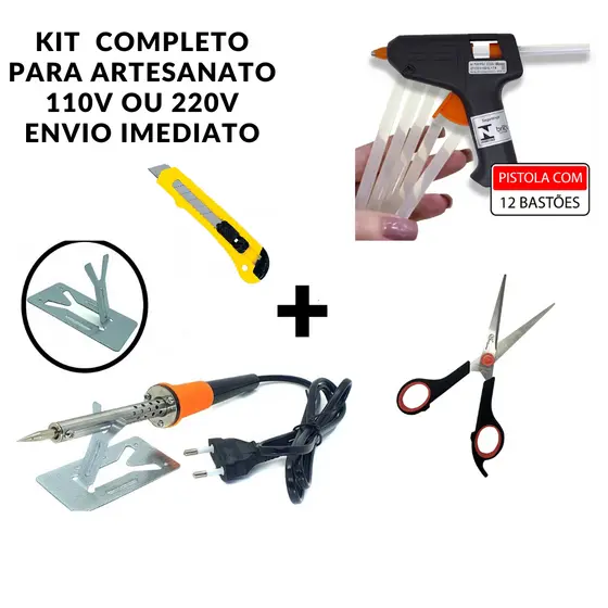 Kit Artesanato Ferro de Solda + Pistola Cola quente + Bastão + Tesoura+ Estilete 110/220V Bivolt