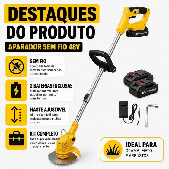 Roçadeira Elétrica Cortador De Grama Elétrico Recarregável 2 Baterias Sem Fio 48V