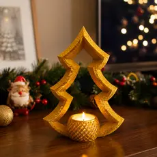 Porta Vela Aromática e LED Árvore de Natal Dourada Decoração Natal 18cm