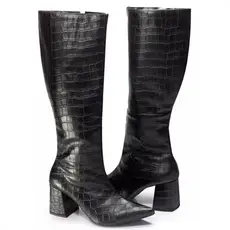 Bota Feminina Cano Longo Modelo Bico Fino Salto Bloco Grosso Atual Festa Última Moda