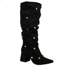 Bota Feminina Montaria Enrugada Enfeites Bolas Blogueira Salto Bloco ´Lançamento Inverno Bico Fino Cano Longo