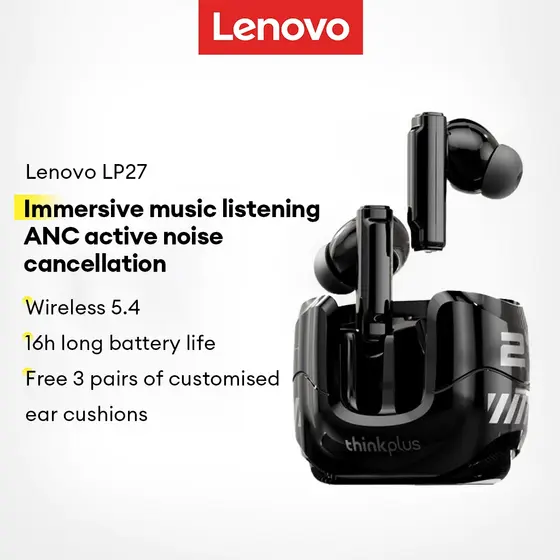 Lenovo LP27 Fones De Ouvido Bluetooth ANC Redução De Ruído Ativo 16H Playtime Smart Touch Bluetooth5.4