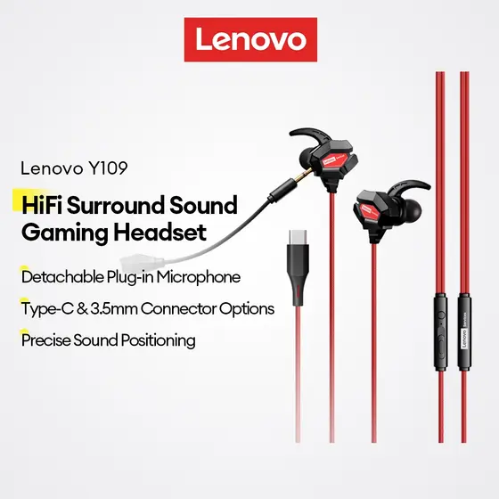 Fones De Ouvido Com Fio Lenovo Y109 E Fone Para Jogos Microfone Removível Plugue Tipo C De 3.5 Mm Som Surround HiFi